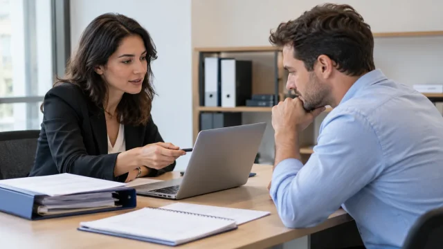 Créatrice d’entreprise préparant ses formalités en ligne avec un accompagnateur.