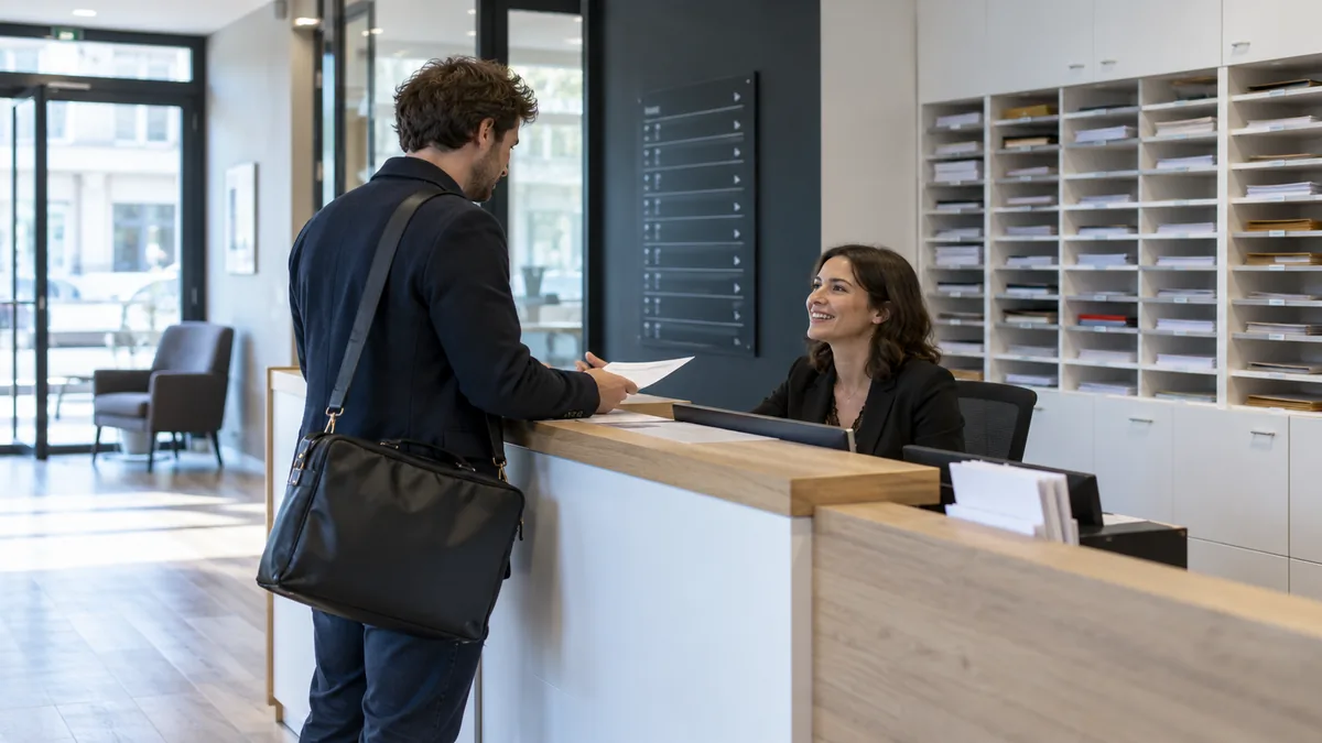Entrepreneur examinant les services d’une adresse de domiciliation avec une réceptionniste.