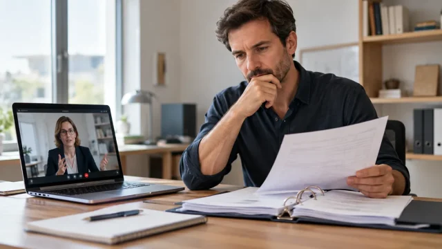 Dirigeant comparant un rendez-vous comptable à distance et des documents de cabinet.