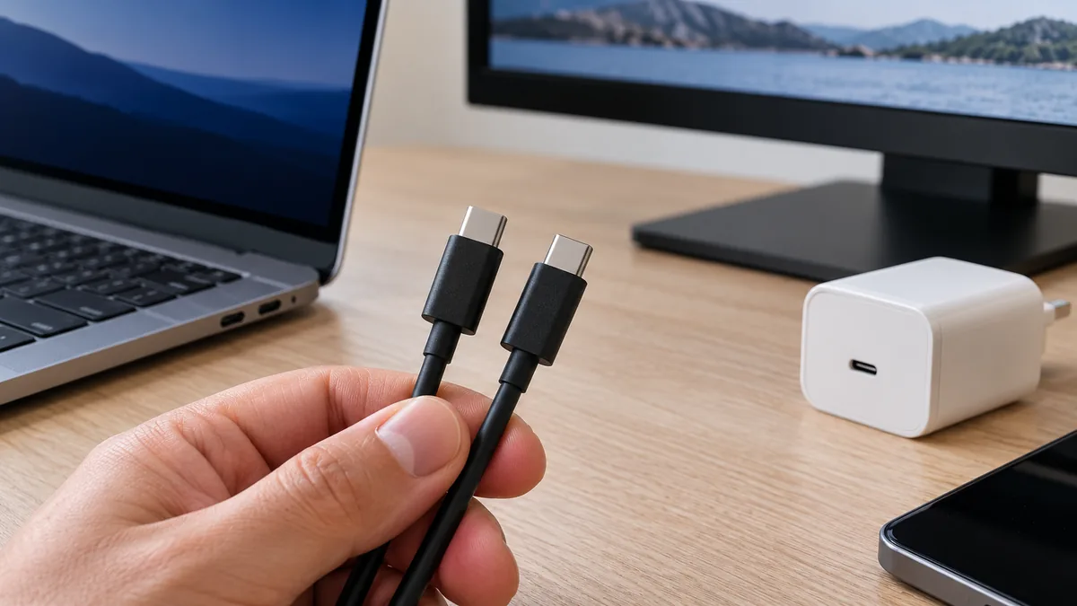 Plusieurs câbles USB-C près d’un ordinateur et d’un écran