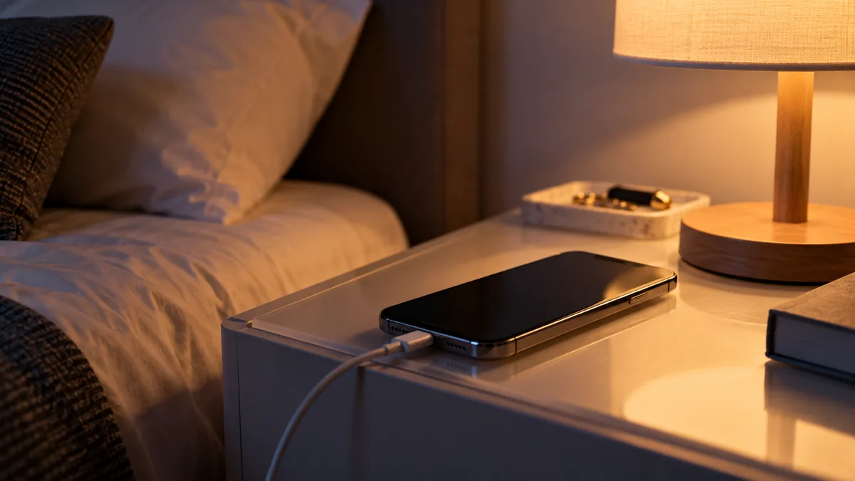 Téléphone en charge sur une table de chevet dégagée